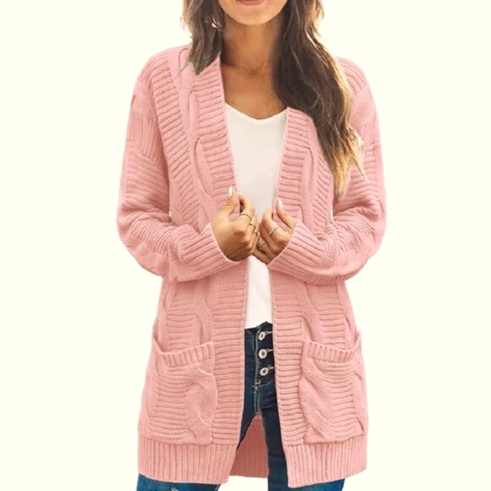 Cable Knit Open Front Cardigan Sweater Oversized Cozy Pink Small